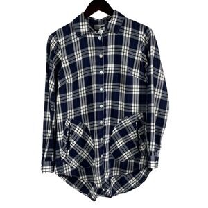Joan‎ Rivers Plaid Button-Up Shirt Size XXS Navy Blue & White 100% Cotton Tunic
